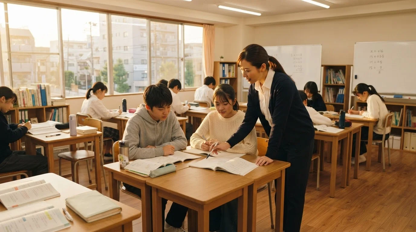 机と椅子を整えた明るい学習塾の教室全景