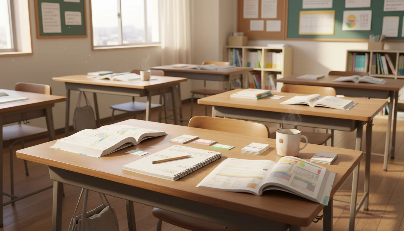 机の上にノート、鉛筆、開いた参考書が整えられた学習準備の様子
