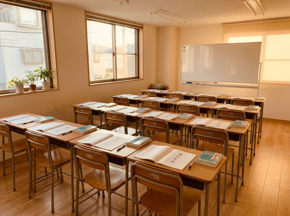 机と椅子が整然と並び、教材を使って学べる学習塾の教室