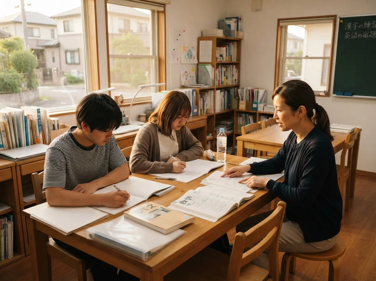 明るい窓辺と机、椅子が並ぶ学習塾の教室全景