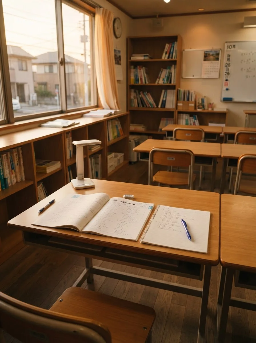 机に向かい教材を開いて、生徒の学習を見守る講師